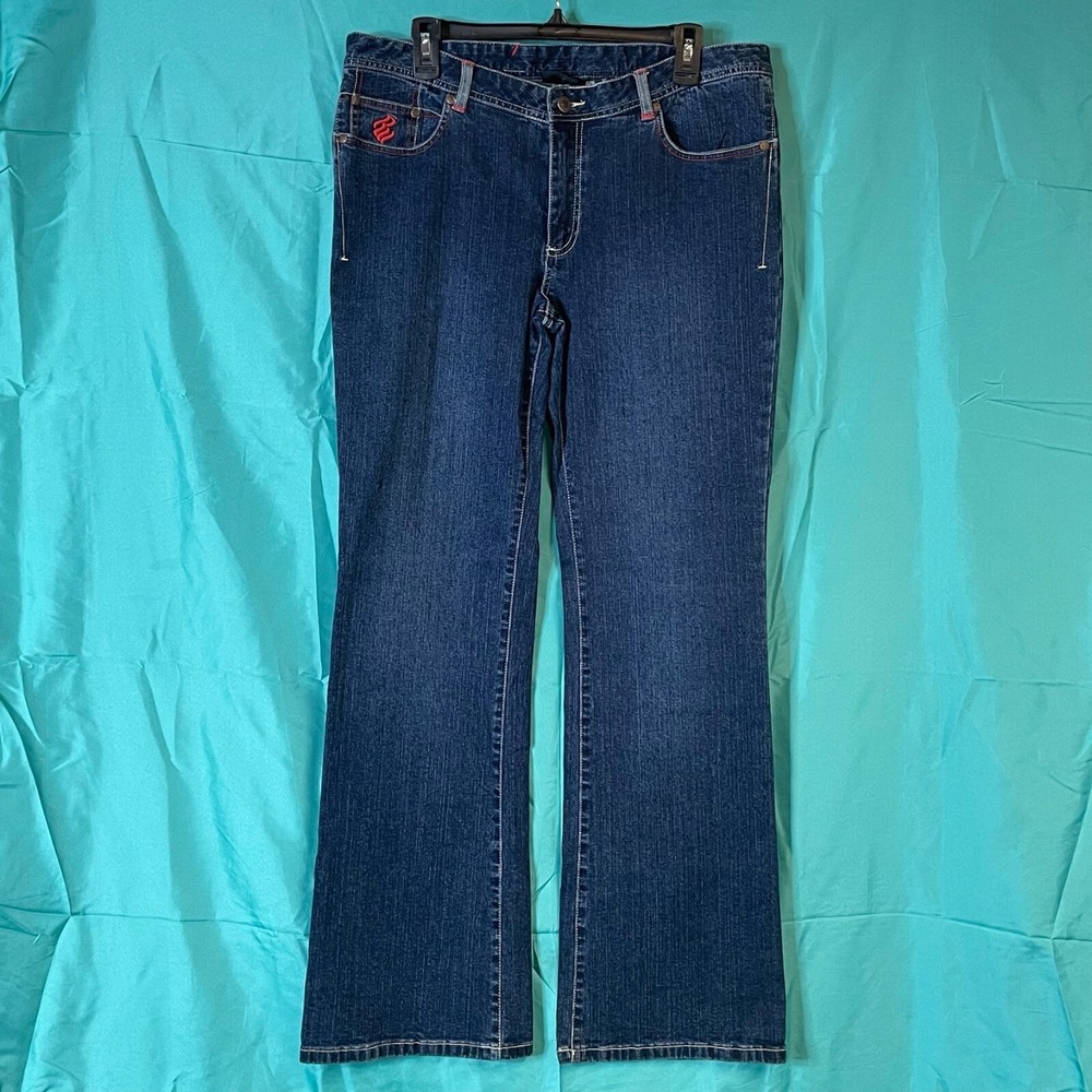 Rocawear Womens 15/16 Dark Wash Embroidered Logo Bootcut Flare Jeans Stretch Y2K